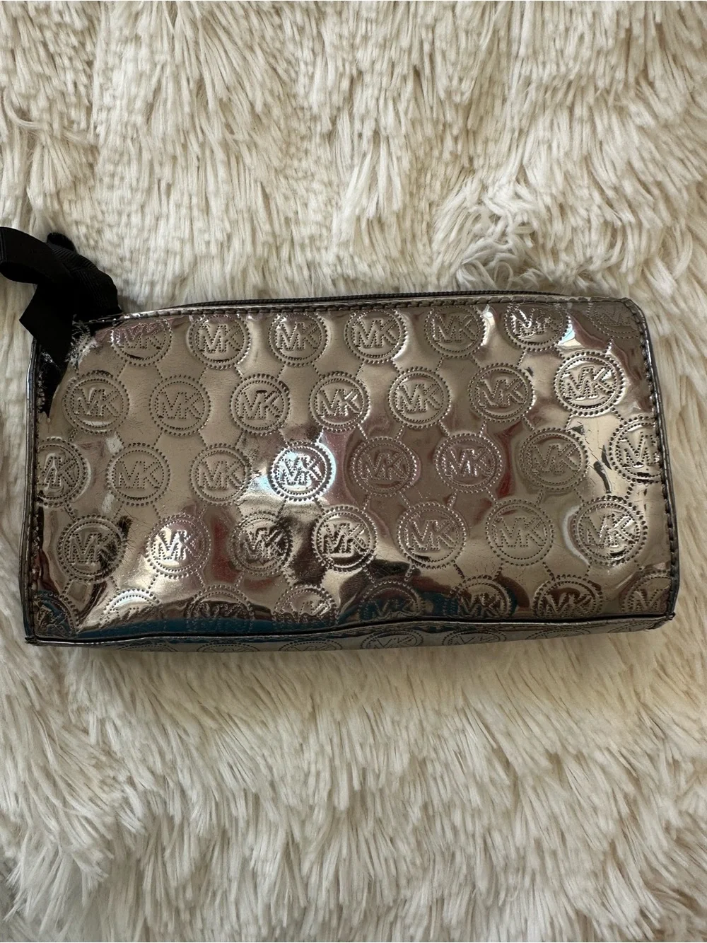 MICHAEL KORS Metallic Silver MK Logo Cosmetic Makeup Case Travel Bag